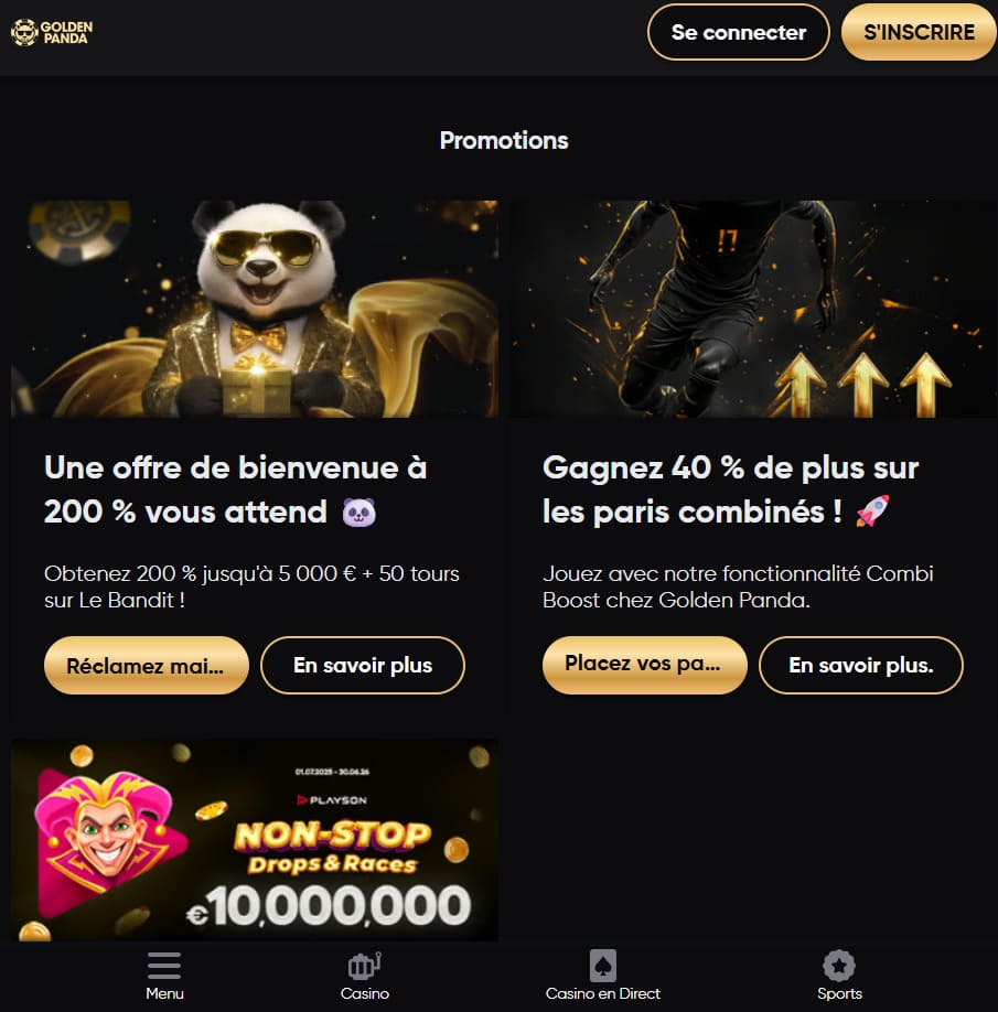 Interface mobile Golden Panda Casino